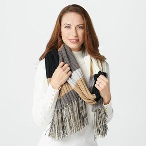 Isaac Mizrahi Live! Color-Block Stripe Long Knit Scarf Neutral One Size Womens